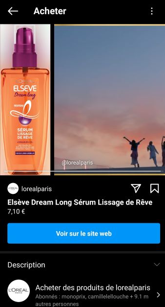 fiche produit L'Oréal sur Instagram