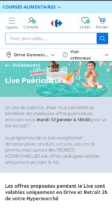 annonce du live streaming puériculture de Carrefour sur son site